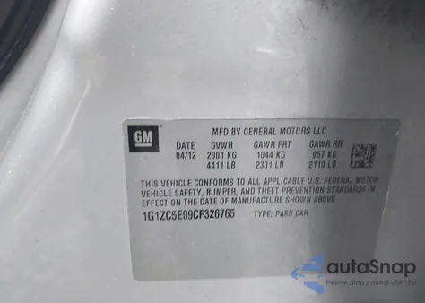 2012 Chevrolet Malibu 1Lt из США, поврежденный, VIN 1G1ZC5E09CF326765